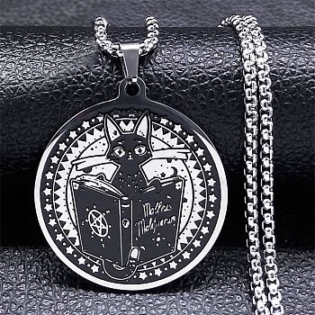 304 Stainless Steel Enamel Witch Cat with Book Pendant Necklaces, Box Chains Necklaces for Women Men, Stainless Steel Color, 19.53 inch(49.6cm)
