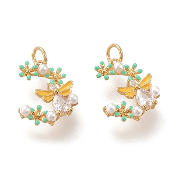 Brass Micro Pave Clear Cubic Zirconia Charms, with Jump Rings, with Enamel and ABS Plastic Imitation Pearl, Long-Lasting Plated, Flower with Butterfly, Real 18k Gold Plated, 14x10.5x3.2mm, Hole: 2.5mm