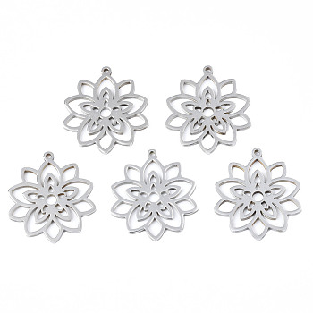 201 Stainless Steel Pendants, Flower, Stainless Steel Color, 28x25x1.5mm, Hole: 1.4mm