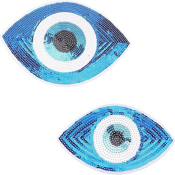 2Pcs 2 Style Iron on/Sew on Sequin Cloth Patches, Costume Accessories, Glittered Appliques, Evil Eye, Mixed Color, 101~175x172~250x1mm, 1pc/style