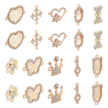 20Pcs 10 Style Alloy Crystal Rhinestone Links Connectors, Heart & Butterfly & Pineapple & Owl & Key & Cross & Bowknot & Crown & Flower, Mixed Color, 20pcs/box
