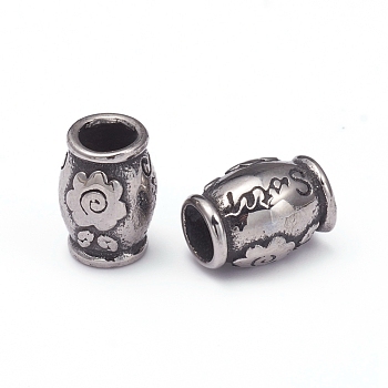 304 Stainless Steel European Beads, Large Hole Beads, Drum with Flower & Word, Antique Silver, 10.5x7.5~8mm, Hole: 4.5mm