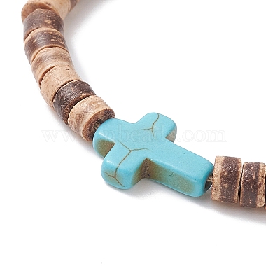 Dyed Synthetic Turquoise Corss & Coconut Disc Braided Bead Bracelet for Women(BJEW-JB09353)-3