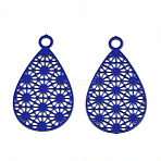Spray Painted 430 Stainless Steel Filigree Pendants, Teardrop, Etched Metal Embellishments, Medium Blue, 17x10x0.3mm, Hole: 1.4mm(STAS-WH0047-78E)
