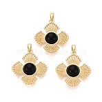 Natural Black Onyx(Dyed & Heated) Pendants, Flower Charms with Brass Settings, Real 18K Gold Plated, 25x23x5~6mm, Hole: 5x2.5mm(KK-N287-07G-04)