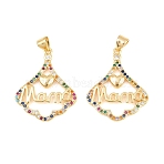 Brass Micro Pave Cubic Zirconia Pendants, Cadmium Free & Lead Free, Rack Plating, Long-Lasting Plated, Leaf with Word Mama Charms, Mother's Day, Real 18K Gold Plated, 29x23.5x3mm, Hole: 3x5mm(KK-D232-20G-02)