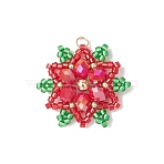 Christmas Glass Seed Beaded Snowflake Pendants, with Glass & 304 Stainless Steel Loop, Faceted, Red, 25x28x6mm, Hole: 3mm(PALLOY-MZ00800)