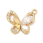 Brass Pave Cubic Zirconia Pendants, Butterfly Charms, Clear, Real 18K Gold Plated, 13.5x16x4mm, Hole: 1.3mm(KK-A286-12G)