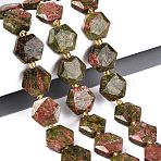 Natural Unakite Beads Strands, Faceted Hexagon, with Seed Beads, 11.5~12.5x13~14x4~5.5mm, Hole: 1~1.2mm, about 26~28pcs/strand, 14.37~15.75 inch(36.5~40cm)(G-N368-01A-08)