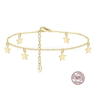 925 Sterling Silver Cable Chain Anklets with Star Charms for Women, with S925 Stamp, Real 14K Gold Plated, 8-1/4 inch(21cm)(AJEW-F162-011G)