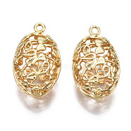 Brass Pendants, Hollow, Nickel Free, Oval, Real 18K Gold Plated, 25x14x10.5mm, Hole: 1.6mm(KK-S356-381G-NF)