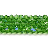 Transparent Electroplate Glass Beads Strands, AB Color Plated, Faceted, Bicone, Lime Green, 6x6mm, Hole: 1mm, about 45~47pcs/strand, 9.65~9.84 inch(24.5~25cm)(EGLA-A039-T6mm-L03)