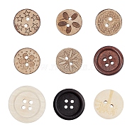 2-Hole/4-Hole Wooden Buttons, Flat Round, Mixed Pattern, Mixed Dyed and Undyed, Mixed Color, 17.5~18x3mm, Hole: 2mm, 120pcs/Set(BUTT-NB0001-23)