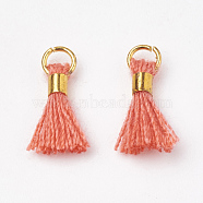 Polycotton(Polyester Cotton) Tassel Pendant Decorations, Mini Tassel, with Brass Findings, Golden, Tomato, 10~15x3~4mm, Hole: 2mm(X-FIND-S275-23G)