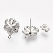 304 Stainless Steel Stud Earring Findings, with Loop and Ear Nuts/Earring Backs, Flower, Stainless Steel Color, 13.5x10mm, Hole: 1mm, Pin: 0.7mm(STAS-S079-73B)