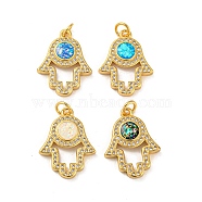 Brass Pendants Micro Pave Cubic Zirconia with Synthetic Opal, with Jump Rings, Real 18K Gold Plated, Hamsa Hand, Mixed Color, 22x16.5x3mm, Hole: 3.5mm(KK-K356-08G)