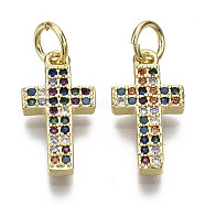 Brass Micro Pave Colorful Cubic Zirconia Tiny Cross Charms, with Jump Ring, Nickel Free, Real 16K Gold Plated, 15x8x2mm, Jump Ring: 5x1mm, 3mm inner diameter(ZIRC-N039-092-NF)