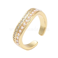 Rack Plating Brass Micro Pave Cubic Zirconia Open Cuff Rings for Women, with ABS Imitation Pearl, Cadmium Free & Lead Free, Long-Lasting Plated, Real 18K Gold Plated, 5.5mm, Adjustable (RJEW-B064-11G)