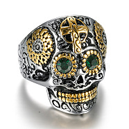 Two Tone 316 Surgical Stainless Steel Skull with Cross Finger Ring, Emerald Rhinestone Gothic Punk Jewelry for Men Women, Golden & Stainless Steel Color, US Size 10(19.8mm)(SKUL-PW0002-033D-GP)