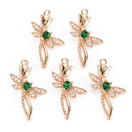 Rack Plating Brass Micro Pave Clear Cubic Zirconia Pendants, with Faceted Glass, Long-Lasting Plated, Cadmium Free & Lead Free, Dragonfly with Flower, Green, 25.5x15.5x4mm, Hole: 1.5mm(KK-T060-66A-RS)