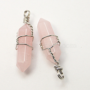 Natural Rose Quartz Double Terminated Pointed Pendants, with Brass Pendant Settings, Faceted, Bullet, Platinum Metal Color, 35~45x10~13mm, Hole: 3mm(X-G-J062-04P)