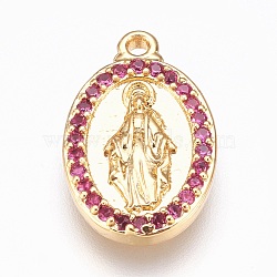 Brass Pendants, with Cubic Zirconia, Lead Free & Cadmium Free & Nickel Free, Long-Lasting Plated, Oval with Virgin Mary, Purple, Golden, 21.5x13x3mm, Hole: 1.2mm(KK-P150-09G-01)