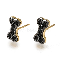 Rack Plating Brass Micro Pave Cubic Zirconia Stud Earring, Long-Lasting Plated, Cadmium Free & Lead Free, Bone, Black, Real 18K Gold Plated, 11.5x6mm(EJEW-C101-10G)