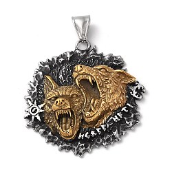 Ion Plating(IP) Viking 304 Stainless Steel Pendants, Double Wolf Head Charm, Antique Silver & Antique Golden, 45x45x5mm, Hole: 9x4mm(STAS-D014-05AG)