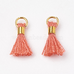 Polycotton(Polyester Cotton) Tassel Pendant Decorations, Mini Tassel, with Brass Findings, Golden, Tomato, 10~15x3~4mm, Hole: 2mm(X-FIND-S275-23G)