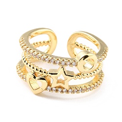 Brass Micro Pave Clear Cubic Zirconia Cuff Rings, Open Rings, Round & Stare & Heart, Real 18K Gold Plated, Clear, US Size 6(16.5mm), 8.5~12mm(RJEW-K233-61G)