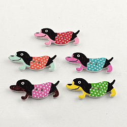 2-Hole Puppy Printed Wooden Buttons, Sausage Dog/Dachshund, Mixed Color, 16x35x2mm, Hole: 2mm(BUTT-R031-109)