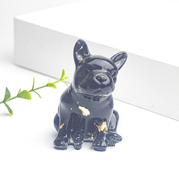 Resin Bulldog Display Decoration, with Natural Obsidian Chips inside Statues for Home Office Decorations, 45x50x75mm