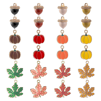 24Pcs 12 Style Autumn Theme Alloy Enamel Pendants, Maple Leaf & Acorn & Pumpkin, Mixed Color, 16.5~21x13.5~20x1~13.5mm, Hole: 1.6~2mm, 2pcs/style