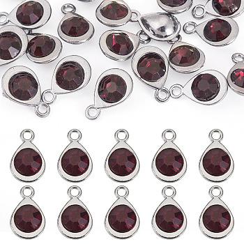 20Pcs Faceted Glass Charms, with Platinum Plated Alloy Findings, Teardrop, February Birthstone Charms
, Siam, 11.3x7.2x4.2mm, Hole: 1.2mm