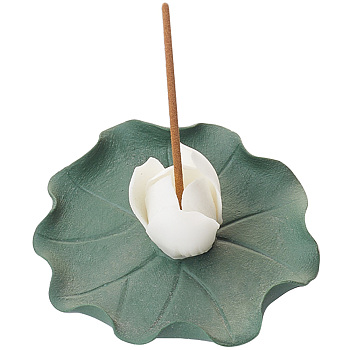 Porcelain Incense Burner Holder, Home Office Teahouse Zen Buddhist Supplies, Lotus & Lotus Leaf, White, 62x62x28mm, Hole: 2mm