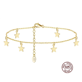 925 Sterling Silver Cable Chain Anklets with Star Charms for Women, with S925 Stamp, Real 14K Gold Plated, 8-1/4 inch(21cm)