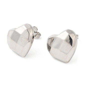 Brass Faceted Heart Stud Earrings for Women, Platinum, 14x15mm