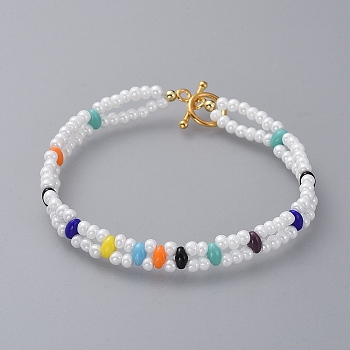 Multi-strand Bracelets, with Czech Glass Seed Beads and Golden Plated Alloy Toggle Clasps, Colorful, 7-3/8 inch(18.8cm), 7mm