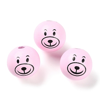 Spray Painted Natural Wood European Beads, Large Hole Beads, Round with Printed Bear , Pearl Pink, 25mm, Hole: 6mm, about 100pcs/500g