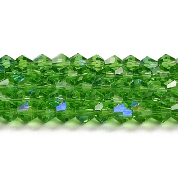 Transparent Electroplate Glass Beads Strands, AB Color Plated, Faceted, Bicone, Lime Green, 6x6mm, Hole: 1mm, about 45~47pcs/strand, 9.65~9.84 inch(24.5~25cm)