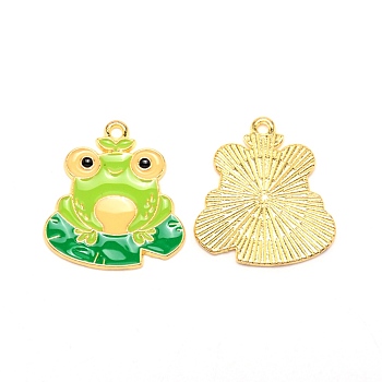 Alloy Enamel Pendants, Light Gold, Frog, Green Yellow, 25x22.5x1.5mm, Hole: 1.6mm