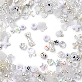 Opaque & Transparent Acrylic Beads, Mixed Shapes, White, 3.5~42.5x3.5~47x3.5~18mm, Hole: 1.6~4.5mm