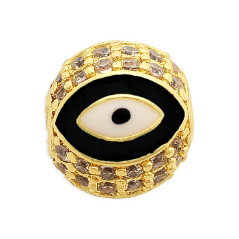 Brass Micro Pave Clear Cubic Zirconia Beads, with Enamel, Round with Eye, Black, 10.5x10mm, Hole: 2mm, 3pcs/bag