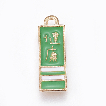 Chinese Style Alloy Enamel Pendants, Rectangle with Chinese Character, Golden, Green, 19x6.5x1.5mm, Hole: 1.8mm