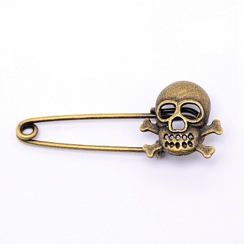 Tibetan Style Zinc Alloy Safety Brooches, Cadmium Free & Lead Free, Skull, Antique Bronze, 23x55x10mm, Hole: 2.5mm, Pin: 1.2mm