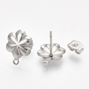 304 Stainless Steel Stud Earring Findings, with Loop and Ear Nuts/Earring Backs, Flower, Stainless Steel Color, 13.5x10mm, Hole: 1mm, Pin: 0.7mm