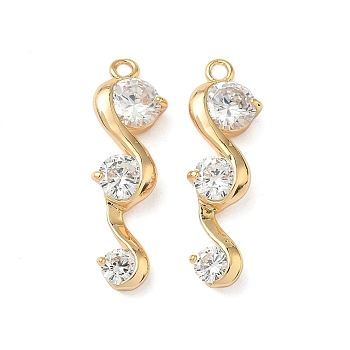 Brass Micro Pave Cubic Zirconia Pendants, Wave, Nickel Free, Real 18K Gold Plated, Clear, 27x8x4mm, Hole: 1.6mm