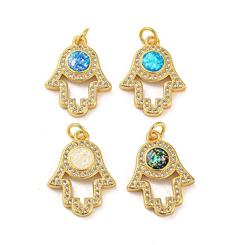 Brass Pendants Micro Pave Cubic Zirconia with Synthetic Opal, with Jump Rings, Real 18K Gold Plated, Hamsa Hand, Mixed Color, 22x16.5x3mm, Hole: 3.5mm