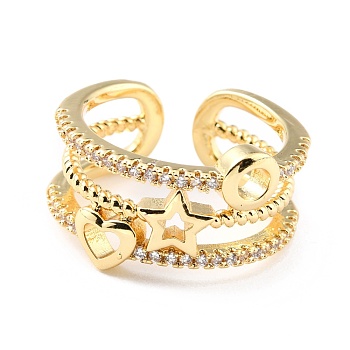 Brass Micro Pave Clear Cubic Zirconia Cuff Rings, Open Rings, Round & Stare & Heart, Real 18K Gold Plated, Clear, US Size 6(16.5mm), 8.5~12mm
