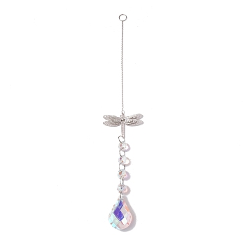 Hanging Suncatcher, Iron & Faceted Glass Pendant Decorations, with Jump Ring, Dragonfly, Clear AB, 345x1mm, Hole: 11mm